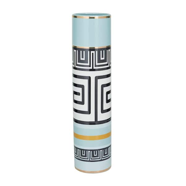 Litton Lane 21 in. Teal Ceramic Decorative Vase with Greek Knot Pattern