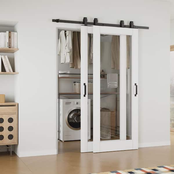 ARK DESIGN 56 in. x 80 in. (Double 32 in. ) 1 Lite Clear Glass White Primed MDF Sliding Barn Door with Hardware Kit Bypass