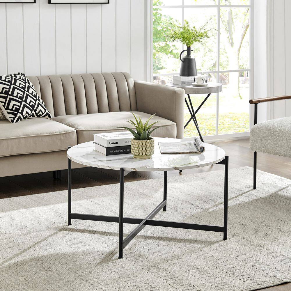 35" Round White Marble Finish Coffee Table with Black Metal Frame