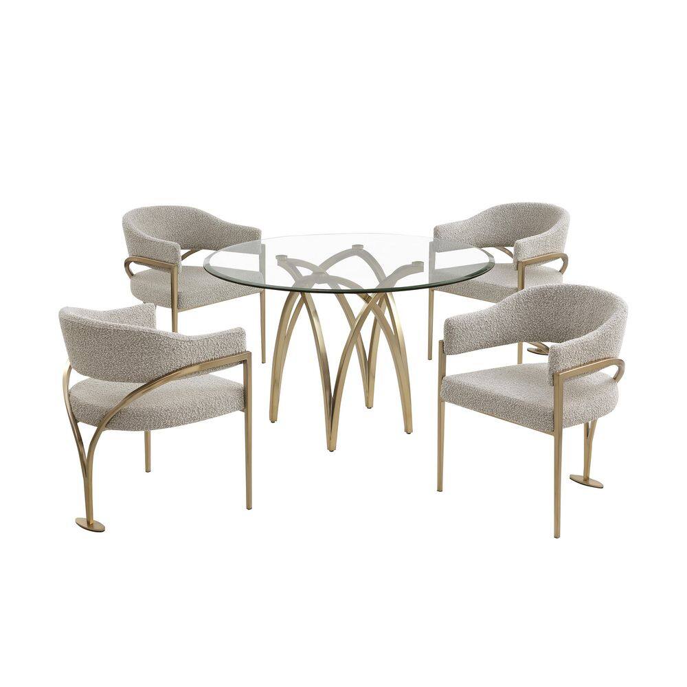Bayton 5-Piece Clear Tempered Glass Top Brushed Matte Gold Chrome-Plated Base Dining Set With 4-Grey Color Chairs price history on PriceWatchPro
