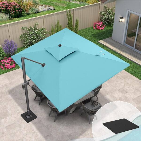 PURPLE LEAF 9 ft. x 12 ft. 2-Tier Aluminum Cantilever 360° Rotation Patio Umbrella with Base Plate, Turquoise Blue
