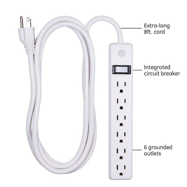 GE 6-Outlet Surge Protector with 8 ft. Extension Cord, White 14014