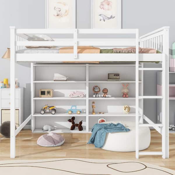 Polibi Full Size Loft Bed with 8 Open Storage Shelves and Built-in Ladder, White