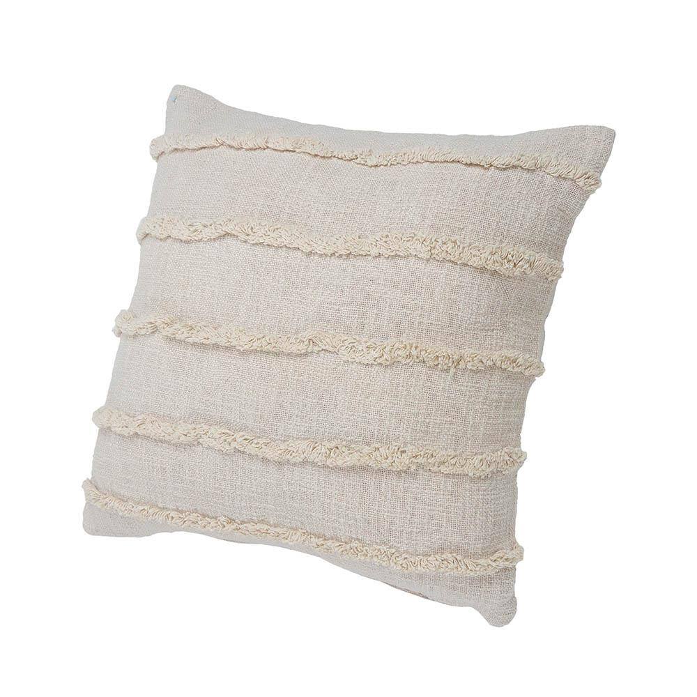 Beige Over-Tufted Fringed 20" Square Throw Pillow