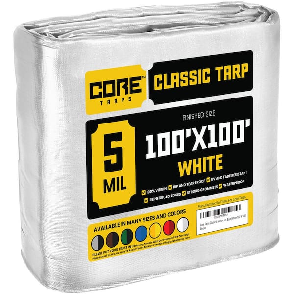 CORE TARPS 100 ft. x 100 ft. White 5 Mil Heavy Duty Polyethylene Tarp, Waterproof, UV Resistant, Rip and Tear Proof