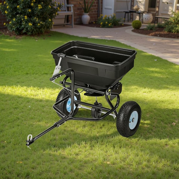 Tow Behind Broadcast Spreader, 30 Adjustable Setting & 9.8 ft. Spreading Width, 130 lbs. Capacity with 13 in. Tires