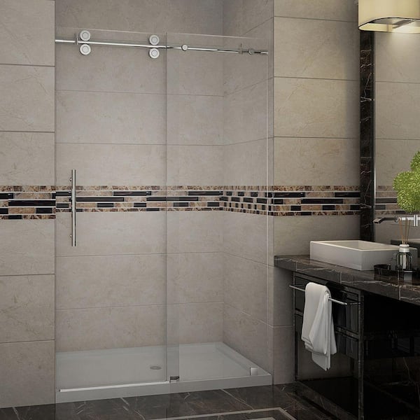 Aston Langham 48 in. x 77-1/2 in. Completely Frameless Sliding Shower Door in Chrome with Center Base