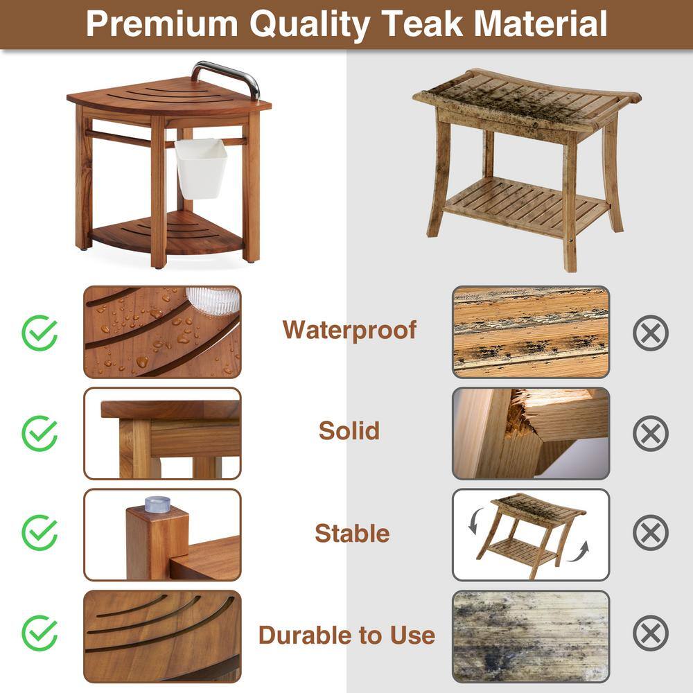 Teak Corner Shower Bench with Handle and Storage