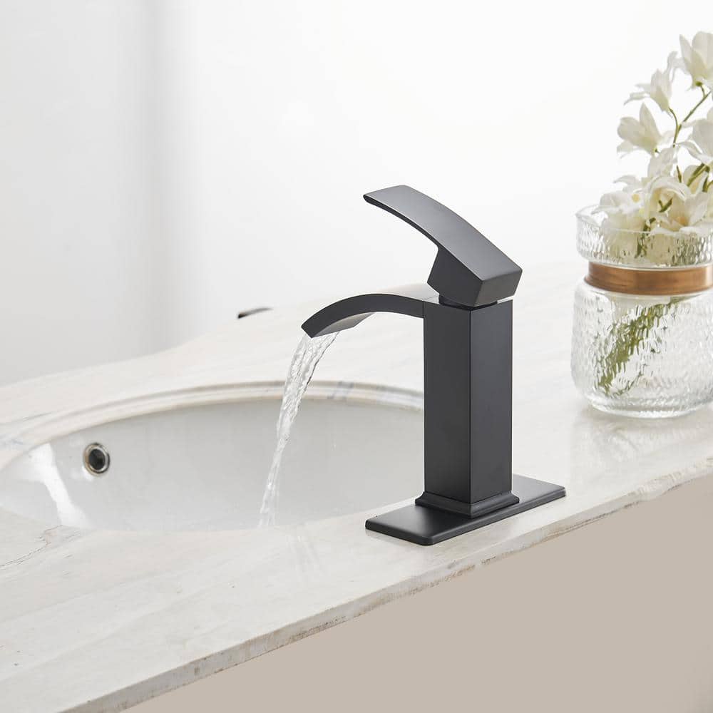 Matte Black Single-Handle Waterfall Bathroom Faucet with Pop-Up Drain