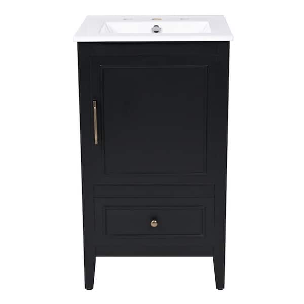 20 in. Single Sink Freestanding Black Bath Vanity with White Ceramic Top, Door Shelf Storage