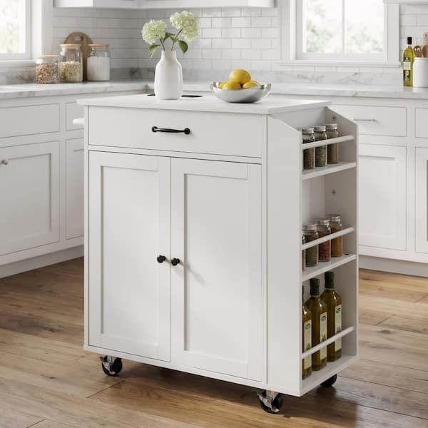 White Wood 36 in. Kitchen Island with Storage Cabinet, Portable Islands on Wheels with Charging Station