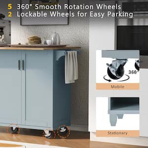 Oasis Grey Blue Wood 47.2 in. Kitchen Island with Foldable Counter Top, Kitchen Storage Cart with Slide-Out Shelf