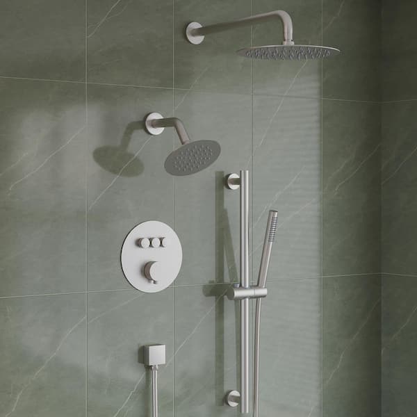 3-Function Round Wall Mount 10 in. and 6 in. Dual Shower Faucet System with Sliding Bar in Brushed Nickel Valve Included