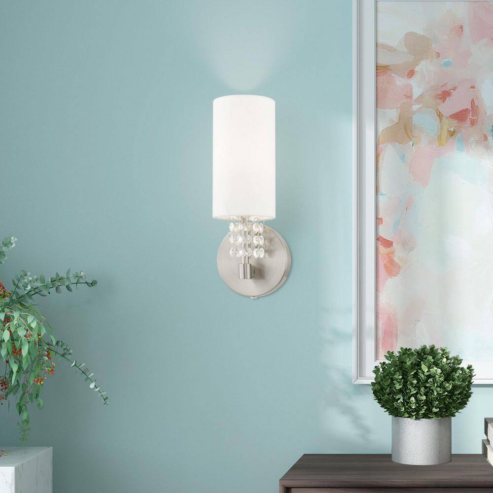 Brushed Nickel Crystal Sconce with White Fabric Shade