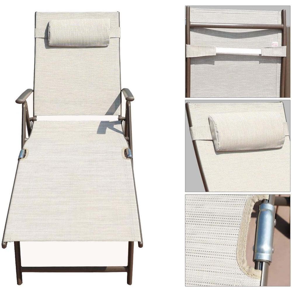 Beige Aluminum Adjustable Outdoor Chaise Lounge with Drink Holder