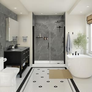 Epiphany Shower Surrounds Glue-up Wall Tiles 15.75 in. x 31.5 in. in Smooth Marble Dark Grey