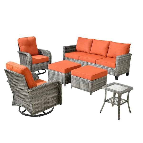 Daphne 6-Piece Wicker Patio Conversation Sofa Seating Swivel Rocking Chairs Set with Ottomans and Orange Red Cushions