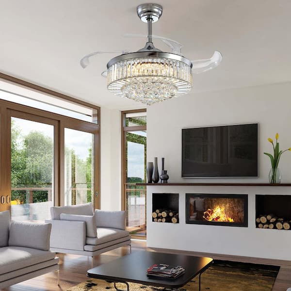 48 in. Indoor Chrome Color Smart Retractable Crystal Ceiling Fan with Adjustable LED Light Included with Remote