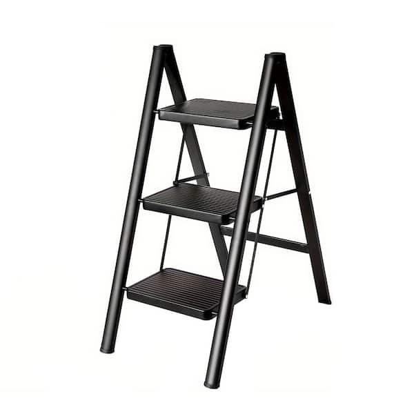 3 Step Ladder Aluminum Light Folding Step Bench Wide Non Slip Pedal 300 lbs. Capacity Home Office Portable Ladder Black