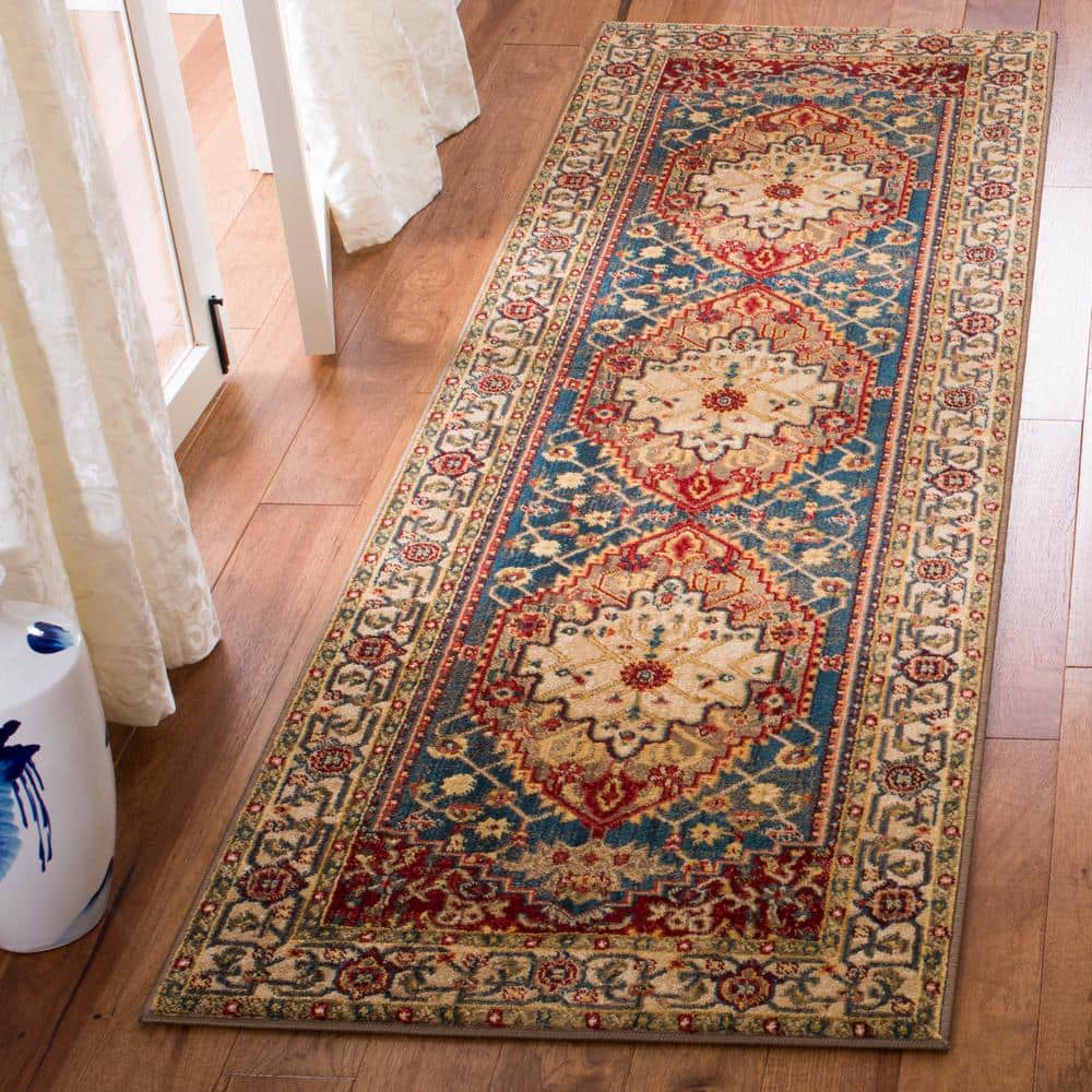 Reversible Blue Floral Easy Care Synthetic Runner Rug