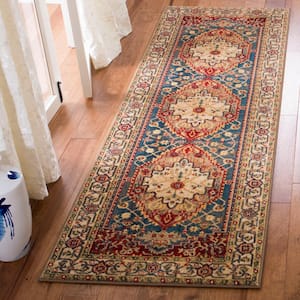 Kashan Ivory/Blue 3 ft. x 8 ft. Border Runner Rug