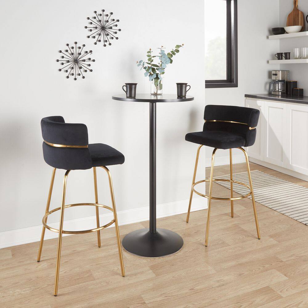 Cinch 30'' Black Velvet and Gold Metal Swivel Barstool Set