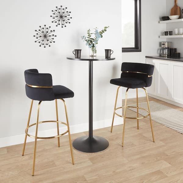 Cinch Claire 29.5 in. Black Velvet and Gold Metal Fixed-Height Bar Stool with Round Footrest (Set of 2)