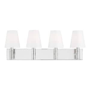 Beckham Classic 28 in. W. 4-Light Polished Nickel Bathroom Vanity Light with White Milk Glass Shades