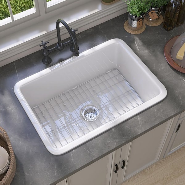 Getpro 27 in. Drop-In/Undermount Single Bowl Farmhouse Fireclay Kitchen Sink Dual Mount with Bottom Grids and Strainer in White