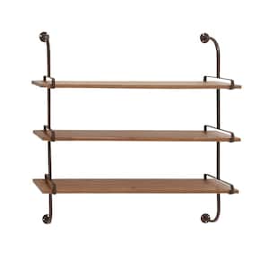 38 in.  x 38 in. Brown 3 Level Wood Wall Shelf with Metal Brackets