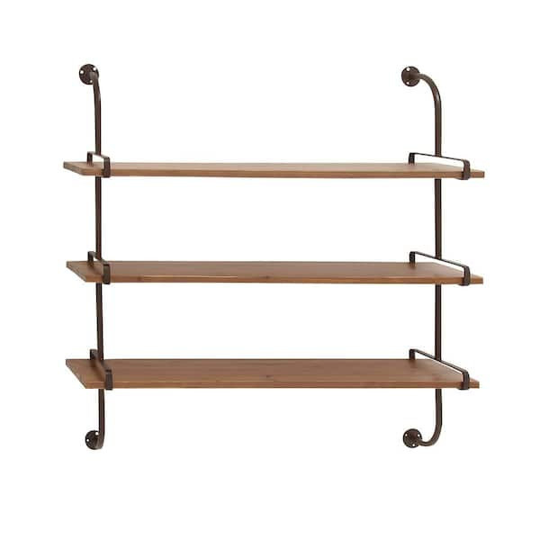 Litton Lane 38 in.  x 38 in. Brown 3 Level Wood Wall Shelf with Metal Brackets