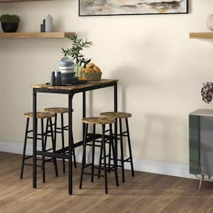 Wood Bar Table Set for 4-Industrial High-Top Table with Bar Stools, 5-Piece Small Kitchen Table and Chairs for Pub