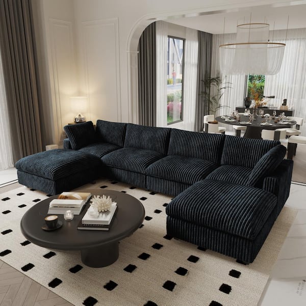 Magic Home 157 in. Square Arm Faux Rabbit Fur Velvet 6-Piece Free Combination Cloud Modular Sectional Sofa with Ottoman in Black