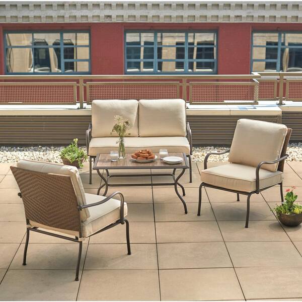 Hampton Bay Pin Oak 4-Piece Wicker Outdoor Patio Conversation Set with