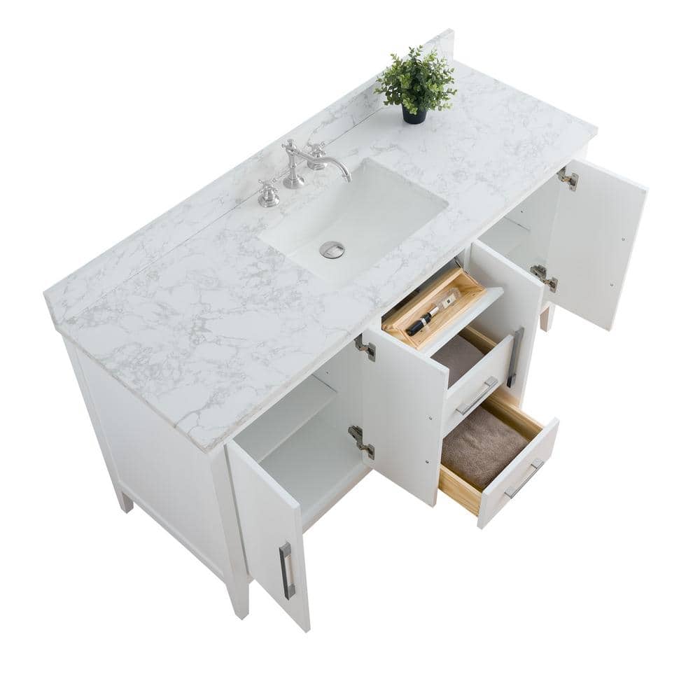 60'' White MDF Freestanding Bathroom Vanity with Engineered Marble Top
