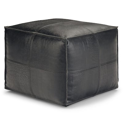 Bowen Boho Square Pouf in Black Genuine Leather