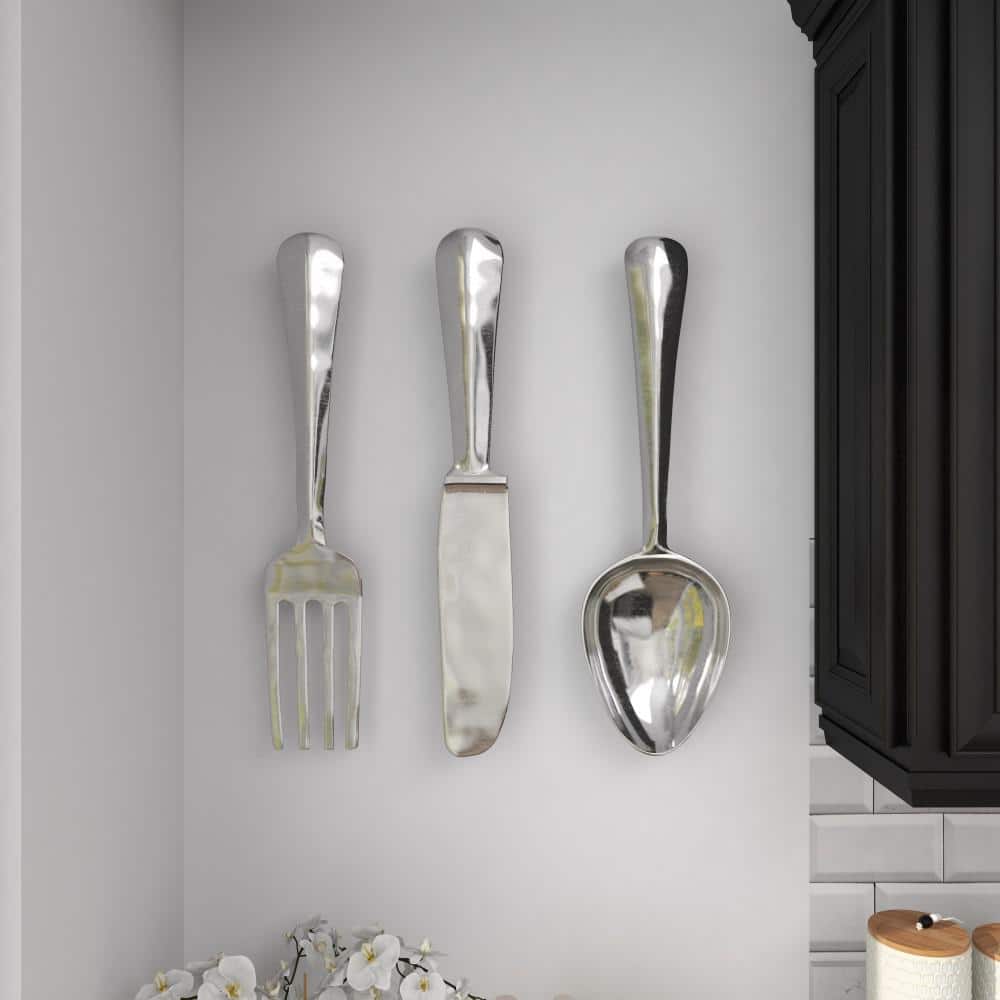 4" x 23" Set of 3 Aluminum Utensils Knife, Spoon and Fork Wall Decors Silver - Olivia & May