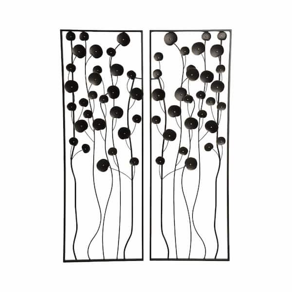 36 in. x 13 in. Black Boho Dainty Flowers Metal Work Wall Decor