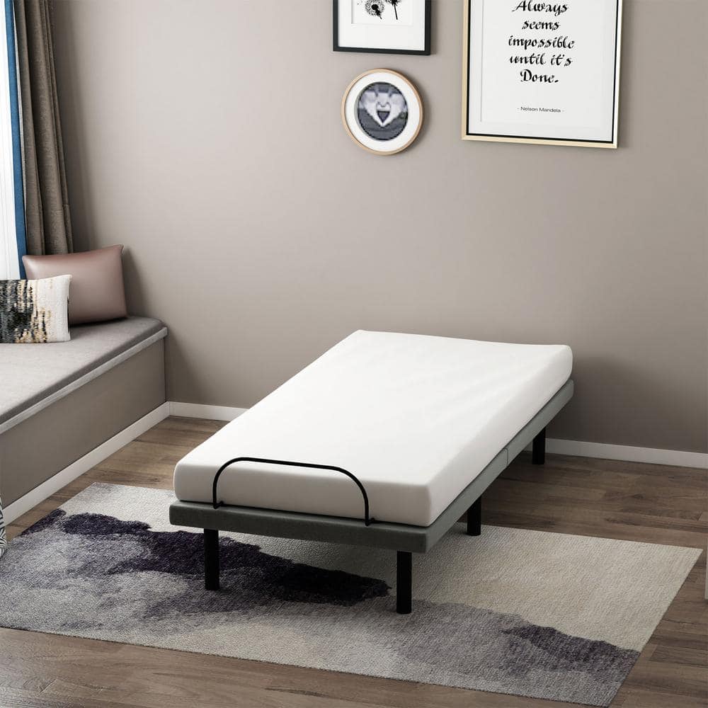 Twin XL Black Adjustable Metal Bed Frame with Upholstered Headboard