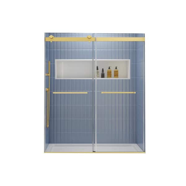 56-60 in. W x 74 in. H Sliding Semi-Frameless Shower Door in Brushed Gold Finish with Clear Glass