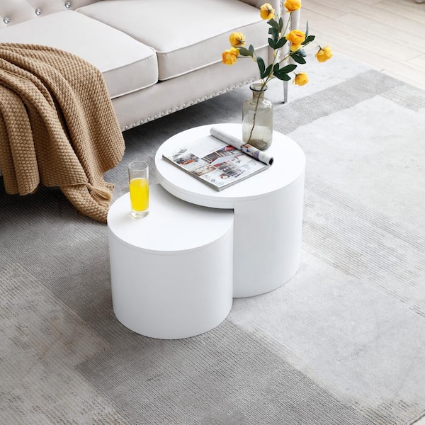 Zeus & Ruta Set of 2 White Nesting Round Coffee Tables with MDF For Living Room, Office, Bedroom