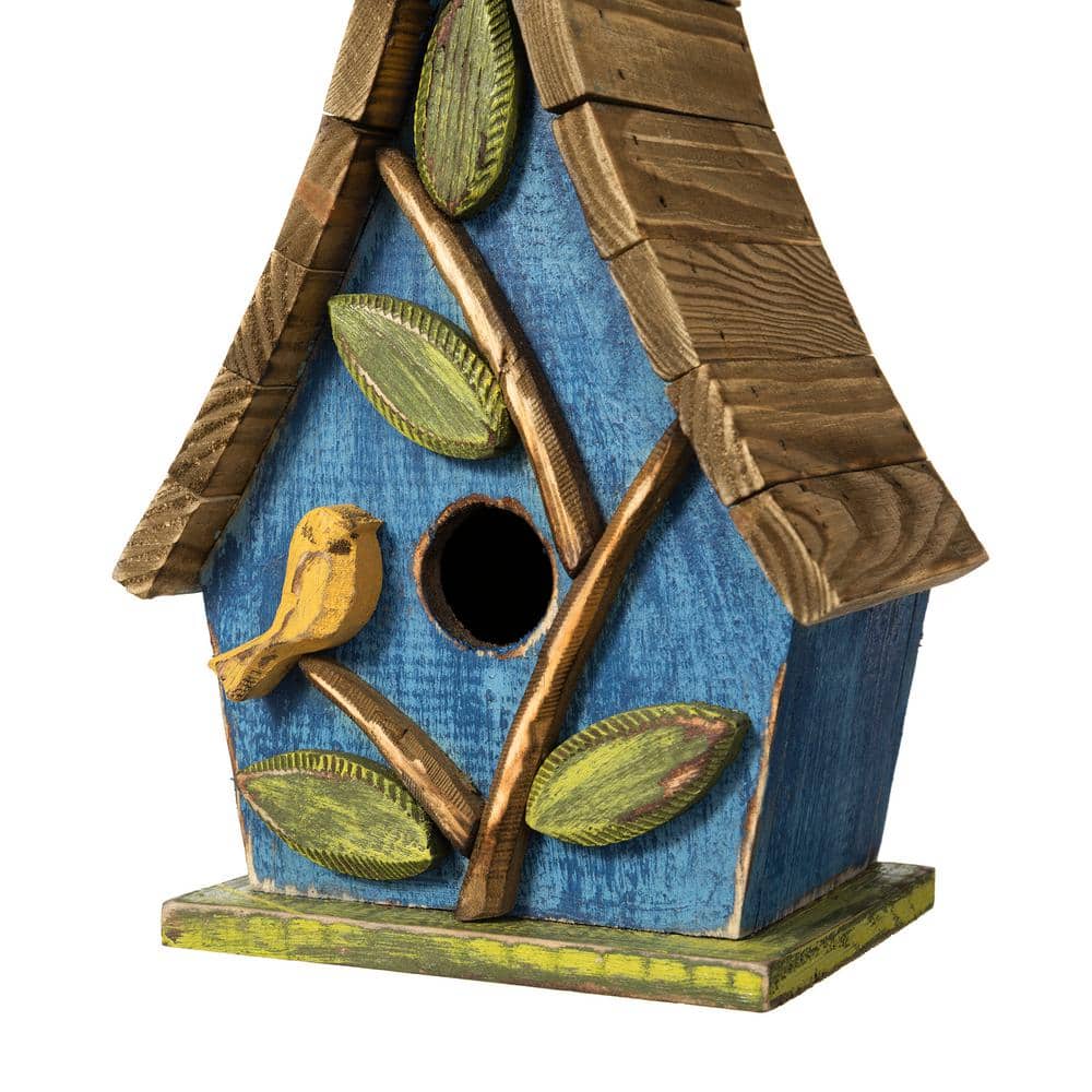 Distressed Blue Wooden Birdhouse with 3D Tree and Slatted Roof