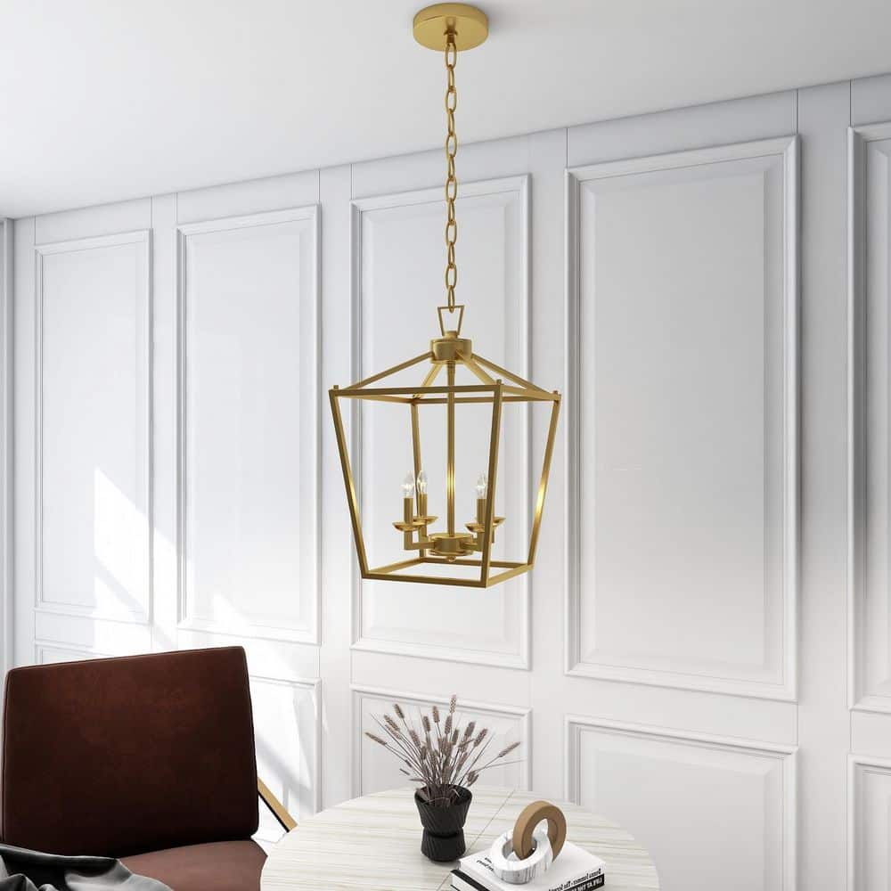 Soft Gold Geometric Lantern Pendant Chandelier with Metal Cage