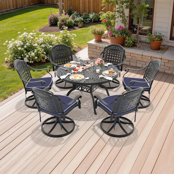 7-Piece Black Cast Aluminum Patio Outdoor Dining Set with Round Table and 6 Swivel Dining Chairs, Blue Cushions