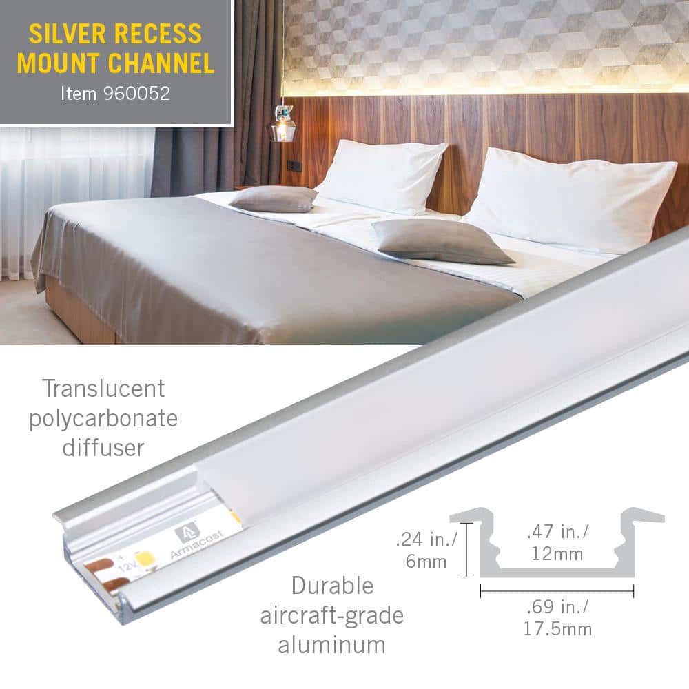 Silver Recess Mount LED Tape Light Channel with Frosted Cover