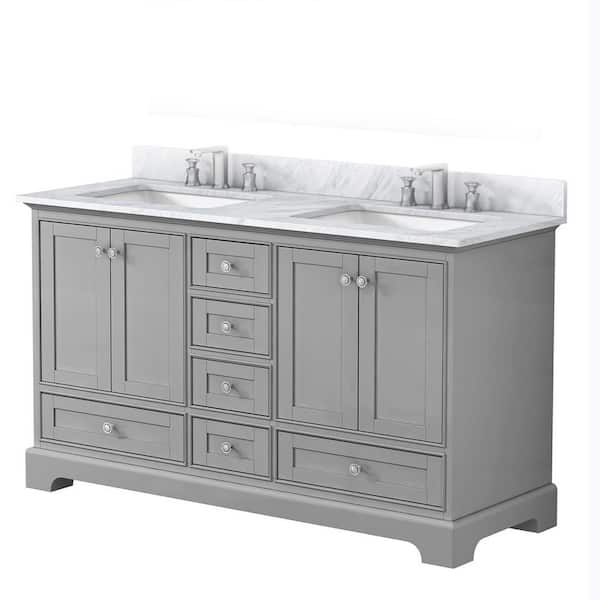 FAMYYT 60 in. W x 22 in. D x 34.65 in. H Double Sink Freestanding Bath Vanity in Gray with White Marble Top with Backsplash