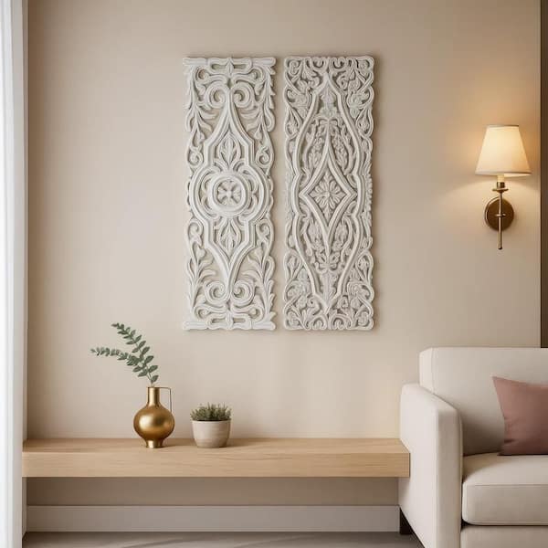 Ozy 48 in. x 2 in. Handcrafted Distressed White Carved Wood Wall Art Panel (Set of 2)