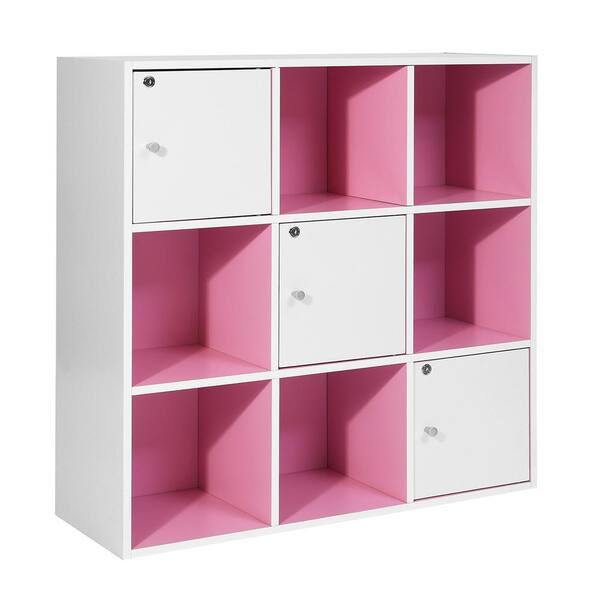 FurnitureR 35 in. Pink Wood 3-Shelf Etagere Bookcase with Build in Storage