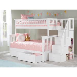 Columbia Staircase Bunk Bed Twin over Full with 2 Raised Panel Bed Drawers in White