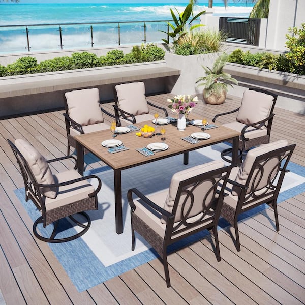 PHI VILLA 7-Piece Metal Patio Outdoor Dining Set with Wood-Look Rectangle Table and Chairs with Beige Cushions